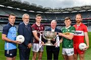 20 June 2023; At the 2023 GAA Football All-Ireland Series national launch in Croke Park, Dublin are, from left Cormac Costello of Dublin, Uachtarán Chumann Lúthchleas Gael Larry McCarthy, Matthew Tierney of Galway, Luke Moriarty from SuperValu, Gavin White of Kerry and Conor Glass of Derry, with the Sam Maguire Cup. Photo by Sam Barnes/Sportsfile
