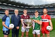20 June 2023; At the 2023 GAA Football All-Ireland Series national launch in Croke Park, Dublin are, from left, Cormac Costello of Dublin, Uachtarán Chumann Lúthchleas Gael Larry McCarthy, Matthew Tierney of Galway, Gavin White of Kerry and Conor Glass of Derry with the Sam Maguire Cup. Photo by Sam Barnes/Sportsfile