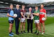 20 June 2023; At the 2023 GAA Football All-Ireland Series national launch in Croke Park, Dublin are, from left Cormac Costello of Dublin, Uachtarán Chumann Lúthchleas Gael Larry McCarthy, Matthew Tierney of Galway, Luke Moriarty from SuperValu, Gavin White of Kerry and Conor Glass of Derry, with the Sam Maguire Cup. Photo by Sam Barnes/Sportsfile