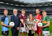 20 June 2023; At the 2023 GAA Football All-Ireland Series national launch in Croke Park, Dublin are, from left Cormac Costello of Dublin, Uachtarán Chumann Lúthchleas Gael Larry McCarthy, Matthew Tierney of Galway, AIB Head of Marketing Engagement Nuala Kroondijk, Conor Glass of Derry and Gavin White of Kerry. Photo by Sam Barnes/Sportsfile