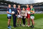 20 June 2023; At the 2023 GAA Football All-Ireland Series national launch in Croke Park, Dublin are, from left Cormac Costello of Dublin, Uachtarán Chumann Lúthchleas Gael Larry McCarthy, Matthew Tierney of Galway, AIB Head of Marketing Engagement Nuala Kroondijk, Conor Glass of Derry and Gavin White of Kerry. Photo by Sam Barnes/Sportsfile
