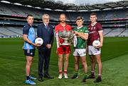 20 June 2023; At the 2023 GAA Football All-Ireland Series national launch in Croke Park, Dublin are, from left, Cormac Costello of Dublin, Uachtarán Chumann Lúthchleas Gael Larry McCarthy, Conor Glass of Derry, Gavin White of Kerry and Matthew Tierney of Galway with the Sam Maguire Cup. Photo by Sam Barnes/Sportsfile