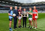 20 June 2023; At the 2023 GAA Football All-Ireland Series national launch in Croke Park, Dublin are, from left Cormac Costello of Dublin, Uachtarán Chumann Lúthchleas Gael Larry McCarthy, Matthew Tierney of Galway, Allianz Chief Customer Officer Geoff Sparling, Gavin White of Kerry and Conor Glass of Derry, with the Sam Maguire Cup. Photo by Sam Barnes/Sportsfile