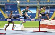 20 June 2023; Finley Daly of Ireland, centre, in action against Tomer Mualem of Israel, left, and Nahuel Carabaña of Andorra in the Men's 3000m Steeplechase at the Silesian Stadium during the European Games 2023 in Chorzow, Poland. Photo by Tyler Miller/Sportsfile