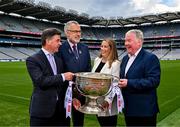 20 June 2023; At the 2023 GAA Football All-Ireland Series national launch in Croke Park, Dublin are, from left, Allianz Chief Customer Officer Geoff Sparling, Uachtarán Chumann Lúthchleas Gael Larry McCarthy, AIB Head of Marketing Engagement Nuala Kroondijk, and Luke Moriarty from SuperValu, with the Sam Maguire Cup. Photo by Sam Barnes/Sportsfile