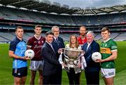 20 June 2023; At the 2023 GAA Football All-Ireland Series national launch in Croke Park, Dublin are, from left, Cormac Costello of Dublin, Matthew Tierney of Galway, Allianz Chief Customer Officer Geoff Sparling, Uachtarán Chumann Lúthchleas Gael Larry McCarthy, AIB Head of Marketing Engagement Nuala Kroondijk, Conor Glass of Derry, Luke Moriarty from SuperValu and Gavin White of Kerry, with the Sam Maguire Cup. Photo by Sam Barnes/Sportsfile