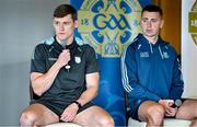 20 June 2023; Speaking at the 2023 GAA Football All-Ireland Series national launch in Croke Park, Dublin is Gavin White of Kerry, left, in the company of Cormac Costello of Dublin. Photo by Brendan Moran/Sportsfile