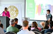 20 June 2023; MC Gráinne McElwain interviews Gavin White of Kerry at the 2023 GAA Football All-Ireland Series national launch in Croke Park, Dublin. Photo by Brendan Moran/Sportsfile