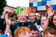 23 June 2023; Republic of Ireland WNT internationals Amber Barrett, left, and Claire O'Riordan during a visit to Scoil Bhríde Ranelagh in Dublin. Photo by Piaras Ó Mídheach/Sportsfile