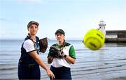 20 June 2023; Ireland Softball players Jenna Devens, left, and Sydney Horton pictured on Balbriggan beach for the launch of Women's Softball World Cup, which takes place in Balbriggan, Dublin, from July 11th - 15th. Photo by Harry Murphy/Sportsfile