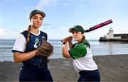 20 June 2023; Ireland Softball players Jenna Devens, left, and Sydney Horton pictured on Balbriggan beach for the launch of Women's Softball World Cup, which takes place in Balbriggan, Dublin, from July 11th - 15th. Photo by Harry Murphy/Sportsfile