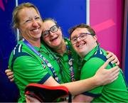 20 June 2023; Head Coach Caroline Murray, left, Team Ireland's Mixed Double pairing of Fiona Brady, a member of Navan Arch Special Olympics Club, from Navan, Meath, and Sean Sammon, a member of Castlebar Special Olympics Club, from Castlebar, Mayo, after their Mixed Doubles Table Tennis Qualifier on day four of the World Special Olympic Games 2023 at the Messe Berlin in Berlin, Germany. Photo by Ray McManus/Sportsfile