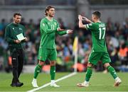 19 June 2023; Jeff Hendrick of Republic of Ireland comes onto the pitch during a second half substitution to replace Jason Knight during the UEFA EURO 2024 Championship qualifying group B match between Republic of Ireland and Gibraltar at the Aviva Stadium in Dublin. Photo by Stephen McCarthy/Sportsfile