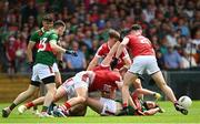 18 June 2023; Pádraig O’Hora of Mayo in action against Cork during the GAA Football All-Ireland Senior Championship Round 3 match between Cork and Mayo at TUS Gaelic Grounds in Limerick. Photo by Eóin Noonan/Sportsfile