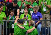20 June 2023; Bocce Head Coach, Michael Spelman, and Team Ireland's Seamus O'Sullivan, a member of COPE Foundation Cork, from Macroom, Cork, interact with supporters after the Bocce qualifiers on day four of the World Special Olympic Games 2023 at the Messe Berlin in Berlin, Germany. Photo by Ray McManus/Sportsfile
