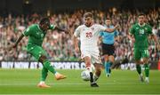 19 June 2023; Michael Obafemi of Republic of Ireland in action against Ethan Britto of Gibraltar during the UEFA EURO 2024 Championship qualifying group B match between Republic of Ireland and Gibraltar at the Aviva Stadium in Dublin. Photo by Stephen McCarthy/Sportsfile