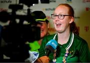 20 June 2023; Team Ireland's Sammy Jo Sweeney, a member of Starbreakers Special Olympics Club, from Cookstown, Tyrone, together with her mum Joanne is interviewed by Paul Flynn, of RTÉ, on day four of the World Special Olympic Games 2023 at the Messe Berlin in Berlin, Germany. Photo by Ray McManus/Sportsfile