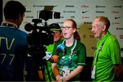 20 June 2023; Team Ireland's Sammy Jo Sweeney, a member of Starbreakers Special Olympics Club, from Cookstown, Tyrone, together with her mum Joanne and dad Paul are interviewed by Paul O'Flynn, of RTÉ, on day four of the World Special Olympic Games 2023 at the Messe Berlin in Berlin, Germany. Photo by Ray McManus/Sportsfile