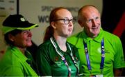 20 June 2023; Team Ireland's Sammy Jo Sweeney, a member of Starbreakers Special Olympics Club, from Cookstown, Tyrone, together with her mum Joanne and dad Paul are interviewed on day four of the World Special Olympic Games 2023 at the Messe Berlin in Berlin, Germany. Photo by Ray McManus/Sportsfile