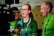 20 June 2023; Team Ireland's Sammy Jo Sweeney, a member of Starbreakers Special Olympics Club, from Cookstown, Tyrone, together with her mum Joanne and dad Paul are interviewed by Paul Flynn, of RTÉ, on day four of the World Special Olympic Games 2023 at the Messe Berlin in Berlin, Germany. Photo by Ray McManus/Sportsfile