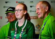 20 June 2023; Team Ireland's Sammy Jo Sweeney, a member of Starbreakers Special Olympics Club, from Cookstown, Tyrone, together with her mum Joanne and dad Paul are interviewed on day four of the World Special Olympic Games 2023 at the Messe Berlin in Berlin, Germany. Photo by Ray McManus/Sportsfile