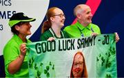 20 June 2023; Team Ireland's Sammy Jo Sweeney, a member of Starbreakers Special Olympics Club, from Cookstown, Tyrone, together with her mum Joanne and dad Paul on day four of the World Special Olympic Games 2023 at the Messe Berlin in Berlin, Germany. Photo by Ray McManus/Sportsfile