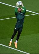 19 June 2023; Republic of Ireland goalkeeper Gavin Bazunu during the warm-up before the UEFA EURO 2024 Championship qualifying group B match between Republic of Ireland and Gibraltar at the Aviva Stadium in Dublin. Photo by Piaras Ó Mídheach/Sportsfile