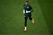 19 June 2023; Republic of Ireland goalkeeper Gavin Bazunu during the warm-up before the UEFA EURO 2024 Championship qualifying group B match between Republic of Ireland and Gibraltar at the Aviva Stadium in Dublin. Photo by Piaras Ó Mídheach/Sportsfile
