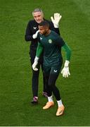 19 June 2023; Republic of Ireland goalkeeping coach Dean Kiely with Republic of Ireland goalkeeper Gavin Bazunu during the warm-up before the UEFA EURO 2024 Championship qualifying group B match between Republic of Ireland and Gibraltar at the Aviva Stadium in Dublin. Photo by Piaras Ó Mídheach/Sportsfile