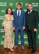 20 June 2023; Sandy, Michael and Andrew Noonan on their arrival to the FAI 33rd International Awards at Mansion House in Dublin. Photo by Stephen McCarthy/Sportsfile