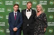 20 June 2023; Ben, Ed and Sarah McJannet on their arrival to the FAI 33rd International Awards at Mansion House in Dublin. Photo by Stephen McCarthy/Sportsfile