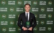 20 June 2023; Nathan Collins with his Men’s Senior Player of the Year award during the FAI 33rd International Awards at Mansion House in Dublin. Photo by Stephen McCarthy/Sportsfile