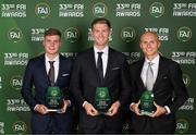 20 June 2023; Award winners, from left, Evan Ferguson, Young Men’s Player of the Year, Nathan Collins, Men’s Senior Player of the Year, and Will Smallbone, Men’s U21 Player of the Year, during the FAI 33rd International Awards at Mansion House in Dublin. Photo by Stephen McCarthy/Sportsfile
