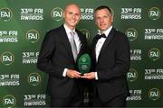 20 June 2023; Will Smallbone is presented with the Men's U21 Player of the Year award by U21 manager Jim Crawford during the FAI 33rd International Awards at Mansion House in Dublin. Photo by Stephen McCarthy/Sportsfile