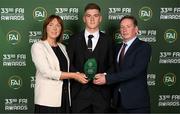 20 June 2023; Men’s U19 Player of the Year Sean Grehan, with Breda O'Brien and Philip Grehan, during the FAI 33rd International Awards at Mansion House in Dublin. Photo by Stephen McCarthy/Sportsfile