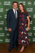 20 June 2023; Hall of Fame award recipient Kevin Moran, with his wife Eleanor, during the FAI 33rd International Awards media event at Mansion House in Dublin. Photo by Stephen McCarthy/Sportsfile