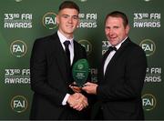 20 June 2023; Sean Grehan is presented with the Men’s U19 Player of the Year award by Republic of Ireland U19 head coach Tom Mohan during the FAI 33rd International Awards at Mansion House in Dublin. Photo by Stephen McCarthy/Sportsfile