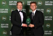 20 June 2023; Sam Curtis is presented with the Men’s U18 Player of the Year award by Republic of Ireland U17 head coach Colin O'Brien during the FAI 33rd International Awards at Mansion House in Dublin. Photo by Stephen McCarthy/Sportsfile