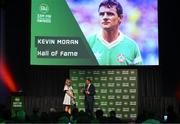 20 June 2023; A general view as Hall of Fame award recipient Kevin Moran is interviewed by MC Marie Crowe during the FAI 33rd International Awards at Mansion House in Dublin. Photo by Stephen McCarthy/Sportsfile