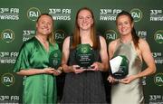 20 June 2023; International Goal of the Year award winner Amber Barrett, left, Senior Women’s Player of the Year Courtney Brosnan, centre, and Young Women’s Player of the Year Heather Payne during the FAI 33rd International Awards at Mansion House in Dublin. Photo by Stephen McCarthy/Sportsfile