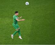 19 June 2023; John Egan of Republic of Ireland jumps for a header during the UEFA EURO 2024 Championship qualifying group B match between Republic of Ireland and Gibraltar at the Aviva Stadium in Dublin. Photo by Piaras Ó Mídheach/Sportsfile