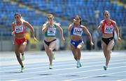 20 June 2023; Athletes from left, Charlotte Wingfield of Malta, Lauren Roy of Ireland, Alessandra Gasparelli of San Marino, and Magdalena Lindner of Austria in action in the Women's 100m at the Silesian Stadium during the European Games 2023 in Chorzow, Poland. Photo by Tyler Miller/Sportsfile