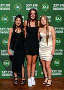 20 June 2023; Ella Kelly, Chloe Wallace and Abigail Bradshaw on their arrival to the FAI 33rd International Awards at Mansion House in Dublin. Photo by Stephen McCarthy/Sportsfile