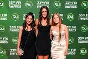 20 June 2023; Ella Kelly, Chloe Wallace and Abigail Bradshaw on their arrival to the FAI 33rd International Awards at Mansion House in Dublin. Photo by Stephen McCarthy/Sportsfile