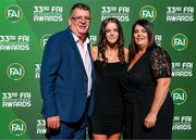 20 June 2023; Mark, Chloe and Kevina Wallace on their arrival to the FAI 33rd International Awards at Mansion House in Dublin. Photo by Stephen McCarthy/Sportsfile