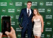 20 June 2023; Young Men’s Player of the Year Evan Ferguson with Women’s U15 Schools Player of the Year Abigail Bradshaw of St. Colmcille’s Community School, Knocklyon, Dublin, during the FAI 33rd International Awards at Mansion House in Dublin. Photo by Stephen McCarthy/Sportsfile
