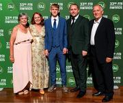 20 June 2023; Men's U15 international player of the year nominee Michael Noonan, centre, with family, from left, Catherine, Sandy, Andrew and John on their arrival to the FAI 33rd International Awards at Mansion House in Dublin. Photo by Stephen McCarthy/Sportsfile