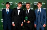 20 June 2023; Men’s U18 Player of the Year Sam Curtis, second from right, with Luke Kehir, Mason Melia, and Michael Noonan during the FAI 33rd International Awards at Mansion House in Dublin. Photo by Stephen McCarthy/Sportsfile