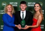 20 June 2023; Men’s Schools Player of the Year award winner Peter Grogan of St. Mary’s CBS, Carlow, with Susan and Faye Grogan during the FAI 33rd International Awards at Mansion House in Dublin. Photo by Stephen McCarthy/Sportsfile