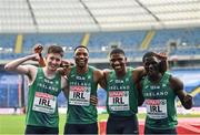 21 June 2023; The Ireland mens relay team, from left, Mark Smyth, Christopher Sibanda, Joseph Ojewumi and Israel Olatunde after winning the 100m relay at the Silesian Stadium during the European Games 2023 in Chorzow, Poland. Photo by David Fitzgerald/Sportsfile